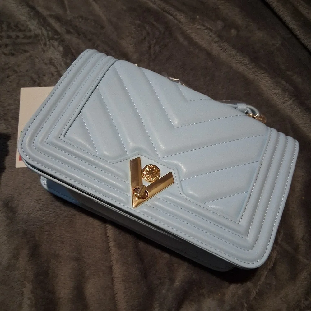 Valentino Orlandi Quilted Crossbody Shoulder Bag Baby Blue Gold Hardware NWT